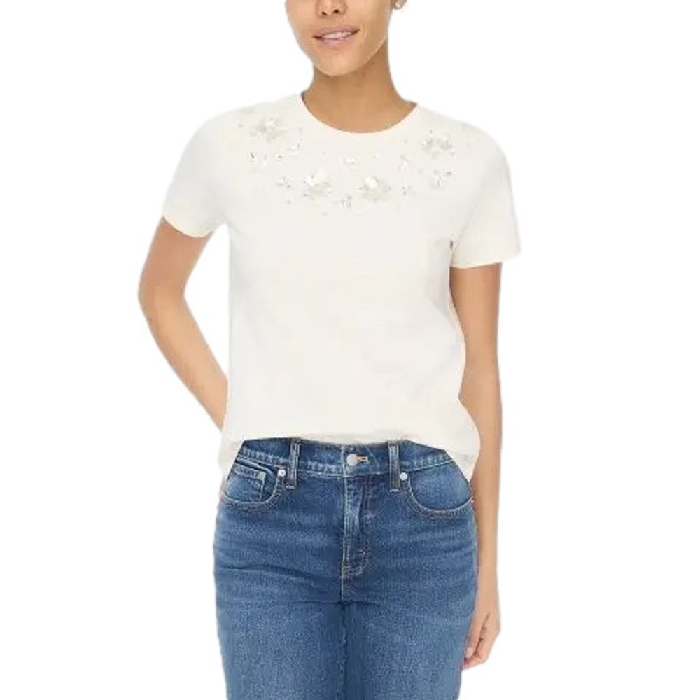 NWT J.Crew Flower Jewel Embellished Tee Ivory Cotton Short Sleeve, Size M